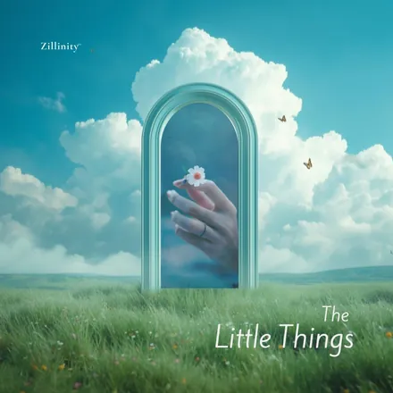 The Little Things cover — an archway in a green field under cloud, framing a hand holding a daisy.