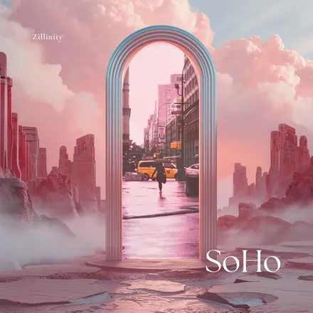 The SoHo cover — a pink archway opening onto a rainy city street.