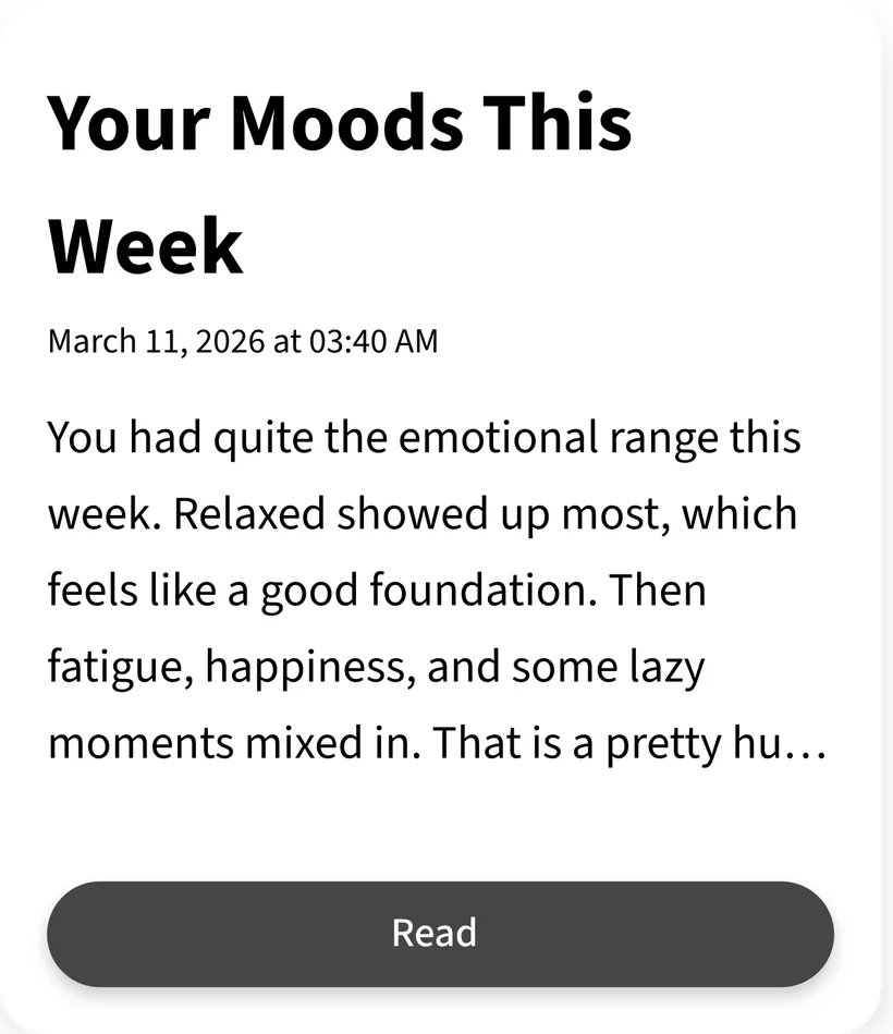 A Mirror summary card titled “Your Moods This Week”, reflecting back the range of moods from the past week.