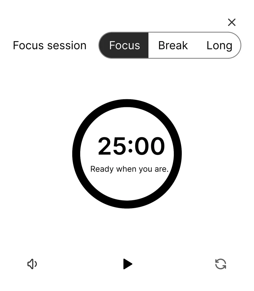 The focus timer inside a space, set to 25:00 with Focus, Break and Long session tabs.